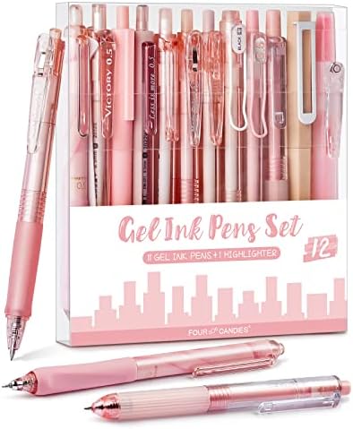 Four Candies Rose Series Gel Pens, Cute Writing Pens with Black & Pink Ink, 0.5 mm Smooth Fine Point, Back to School Office Supplies Girly Stationery Aesthetic Desk Accessories for Women, Set of 12