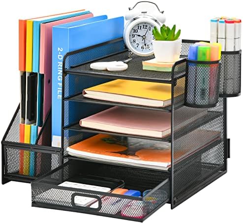 Marbrasse Desk Organizer with File Holder, 5-Tier Paper Letter Tray Organizer with Drawer and 2 Pen Holder, Mesh Desktop Organizer and Storage with Magazine Holder for Office Supplies(Black) - Image 2