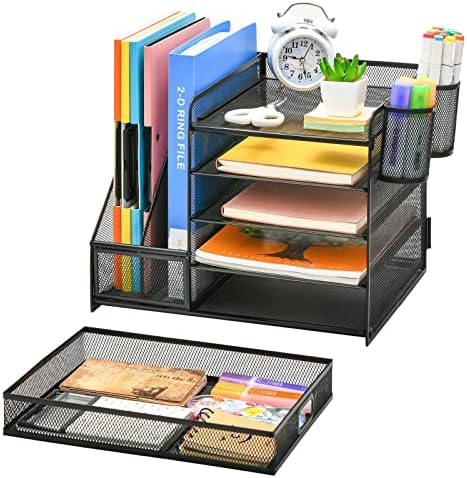 Marbrasse Desk Organizer with File Holder, 5-Tier Paper Letter Tray Organizer with Drawer and 2 Pen Holder, Mesh Desktop Organizer and Storage with Magazine Holder for Office Supplies(Black) - Image 3