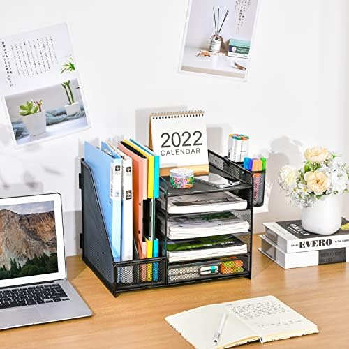 Marbrasse Desk Organizer with File Holder, 5-Tier Paper Letter Tray Organizer with Drawer and 2 Pen Holder, Mesh Desktop Organizer and Storage with Magazine Holder for Office Supplies(Black) - Image 4