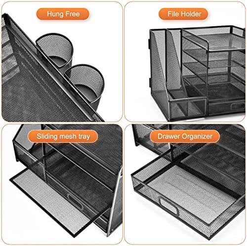 Marbrasse Desk Organizer with File Holder, 5-Tier Paper Letter Tray Organizer with Drawer and 2 Pen Holder, Mesh Desktop Organizer and Storage with Magazine Holder for Office Supplies(Black) - Image 5