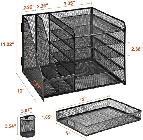 Marbrasse Desk Organizer with File Holder, 5-Tier Paper Letter Tray Organizer with Drawer and 2 Pen Holder, Mesh Desktop Organizer and Storage with Magazine Holder for Office Supplies(Black) - Image 7