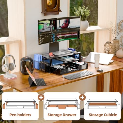 Simple Trending 2 Tier Metal Monitor Stand Monitor riser and Computer Desk Organizer with Drawer and Pen Holder for Laptop, Computer, iMac, Black - Image 4