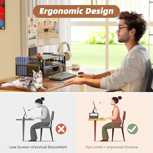 Simple Trending 2 Tier Metal Monitor Stand Monitor riser and Computer Desk Organizer with Drawer and Pen Holder for Laptop, Computer, iMac, Black - Image 7
