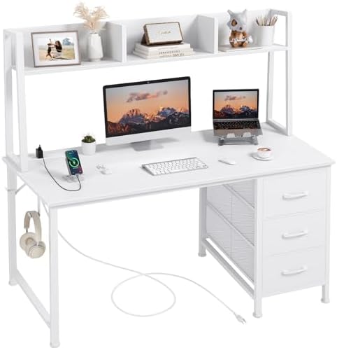White Computer Desk with Hutch & Drawers - Office Desk with 3 Storage Drawers and Power Outlets, 47 Inch Modern Study Writing Desk for Bedroom Home Office - Image 2
