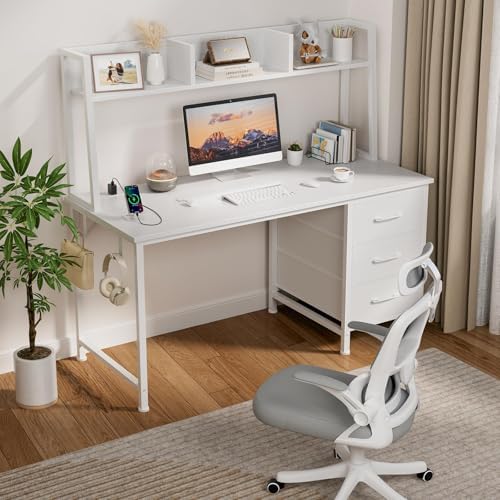 White Computer Desk with Hutch & Drawers - Office Desk with 3 Storage Drawers and Power Outlets, 47 Inch Modern Study Writing Desk for Bedroom Home Office - Image 3