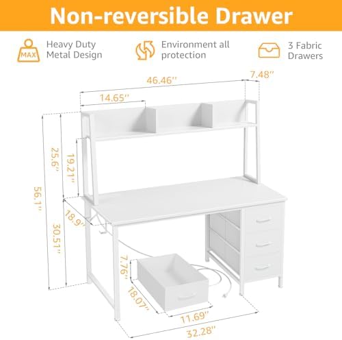 White Computer Desk with Hutch & Drawers - Office Desk with 3 Storage Drawers and Power Outlets, 47 Inch Modern Study Writing Desk for Bedroom Home Office - Image 4