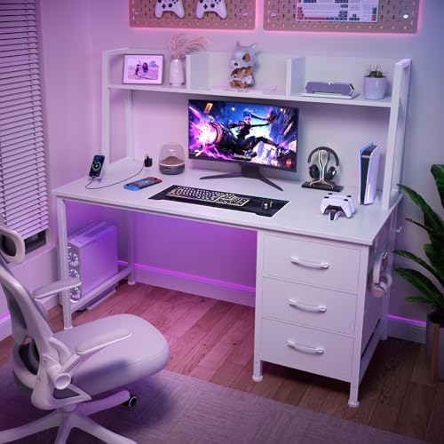 White Computer Desk with Hutch & Drawers - Office Desk with 3 Storage Drawers and Power Outlets, 47 Inch Modern Study Writing Desk for Bedroom Home Office - Image 5