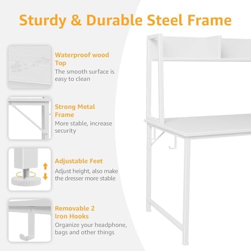 White Computer Desk with Hutch & Drawers - Office Desk with 3 Storage Drawers and Power Outlets, 47 Inch Modern Study Writing Desk for Bedroom Home Office - Image 6