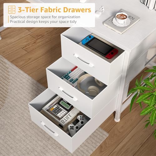 White Computer Desk with Hutch & Drawers - Office Desk with 3 Storage Drawers and Power Outlets, 47 Inch Modern Study Writing Desk for Bedroom Home Office - Image 7