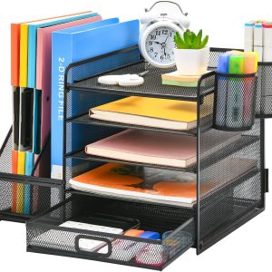 Marbrasse Desk Organizer with File Holder, 5-Tier Paper Letter Tray Organizer with Drawer and 2 Pen Holder, Mesh Desktop Organizer and Storage with Magazine Holder for Office Supplies(Black)
