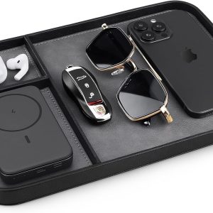 SENEN Leather Tray, Stylish and Organized Multifunctional Tray, for Table Entryway, Premium PU Leather, Catchall Tray for Keys, Watch, Wallet, Jewelry, and More (Black Frame)