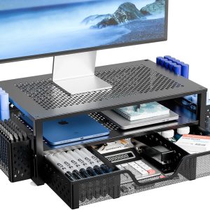 Simple Trending 2 Tier Metal Monitor Stand Monitor riser and Computer Desk Organizer with Drawer and Pen Holder for Laptop, Computer, iMac, Black